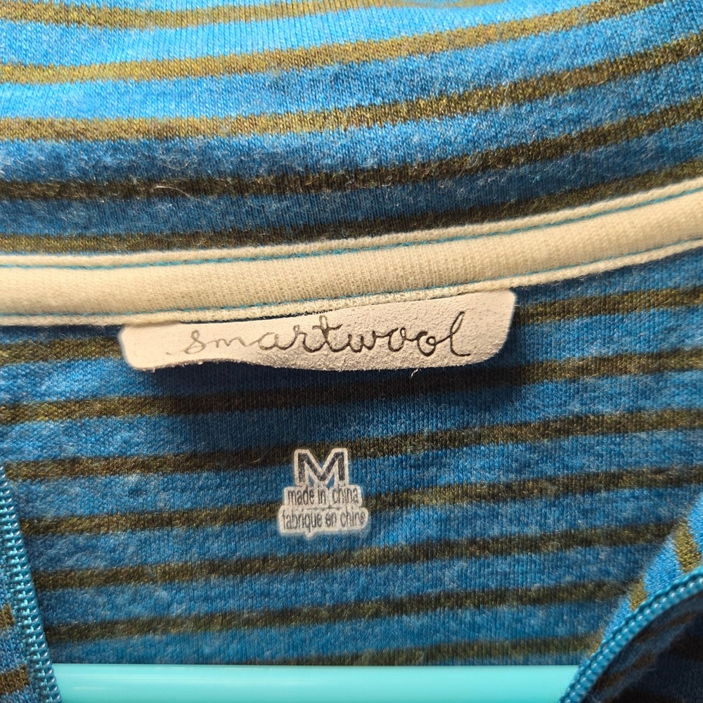 Smartwool Womens M Striped Quarter Zip Pullover Blue Brown Merino Wool Shirt - Picture 4 of 6